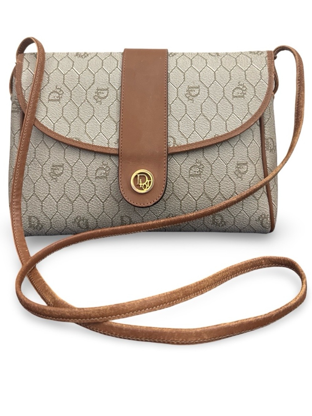 Authentic Christian Dior Vintage Honeycomb Monogram Crossbody Bag Beige Brown